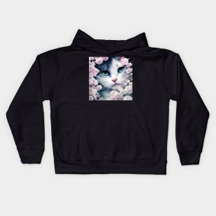 White Kitten surrounded by Pink Flowers | White, grey and blue cat with blue and yellow eyes | Digital art Sticker Kids Hoodie